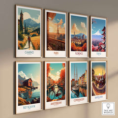Camino de Santiago Golden Fields Art Print | Spanish Pilgrimage Poster displayed alongside various city art prints.