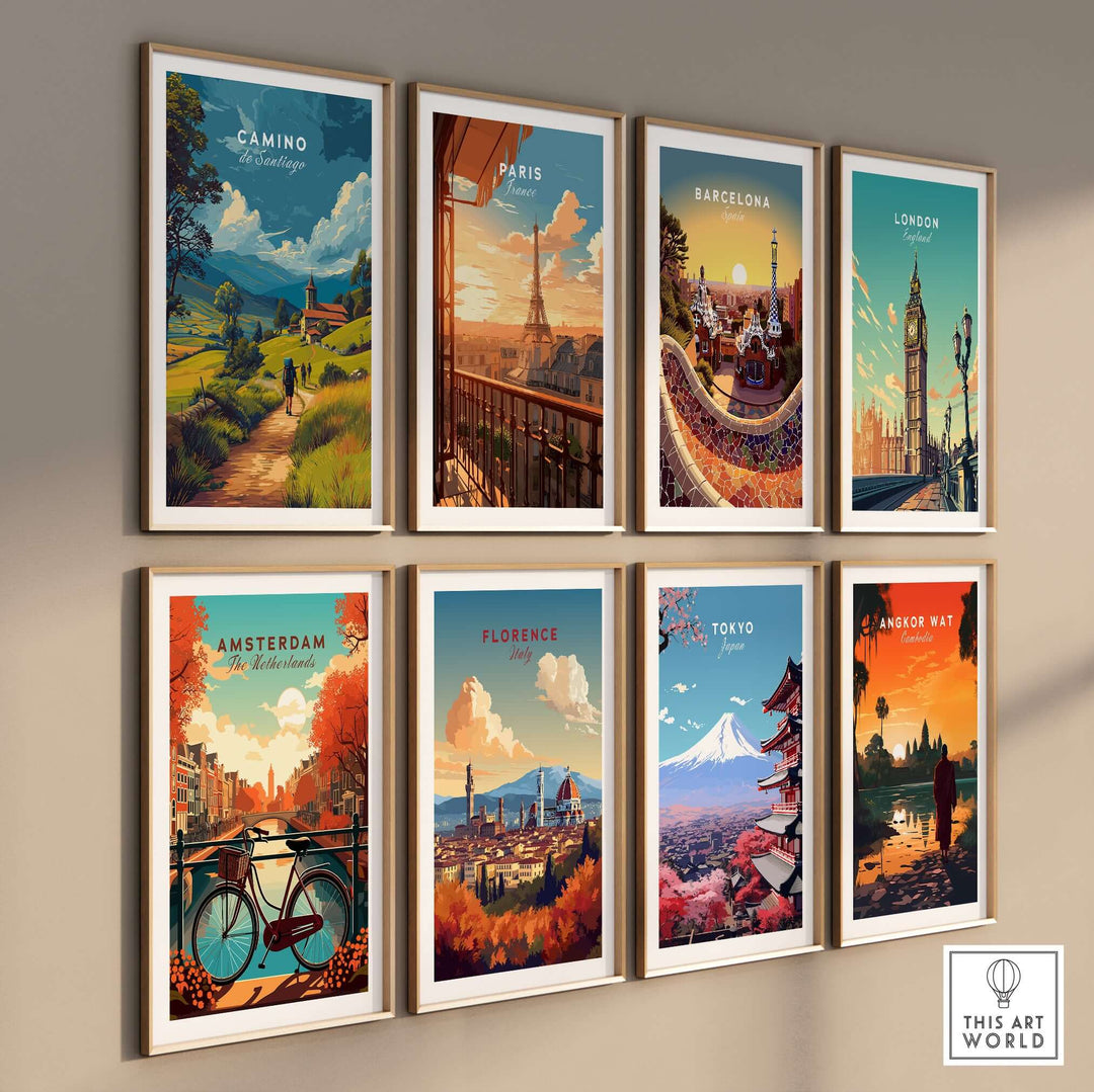 Camino de Santiago European Pilgrim's Trail Print | Hiking Route Wall Decor featuring iconic city landscapes.