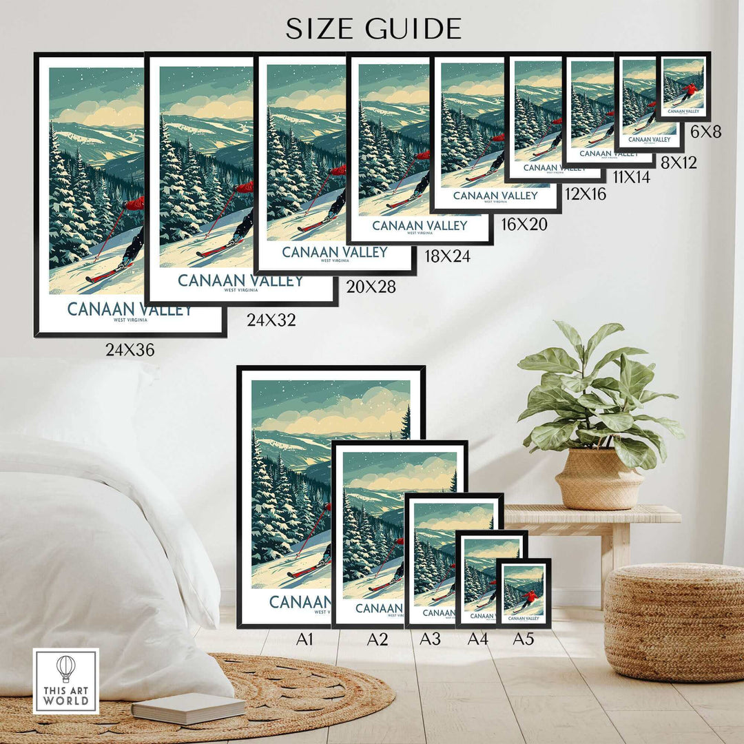 Size guide for Canaan Valley Ski Print showing various frame sizes in a cozy interior setting.