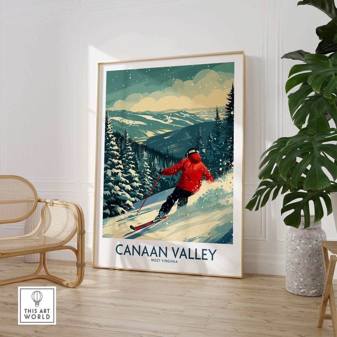 Canaan Valley Ski Print showcasing a skier in a winter landscape, perfect for outdoor and ski enthusiasts in West Virginia.