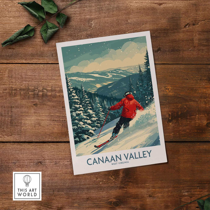 Canaan Valley ski print showcasing a skier in West Virginia's winter landscape, perfect wall art for ski lovers.