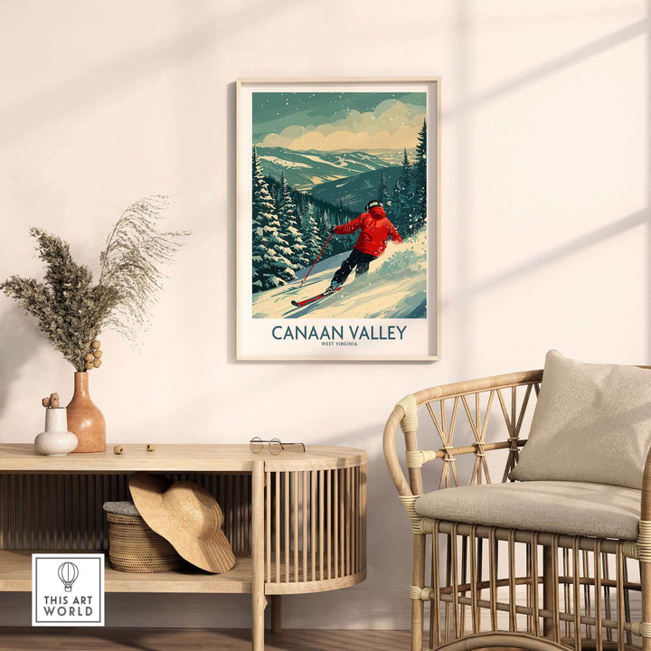 Canaan Valley ski print showcasing a skier in a winter landscape, perfect for ski and nature enthusiasts' home decor.