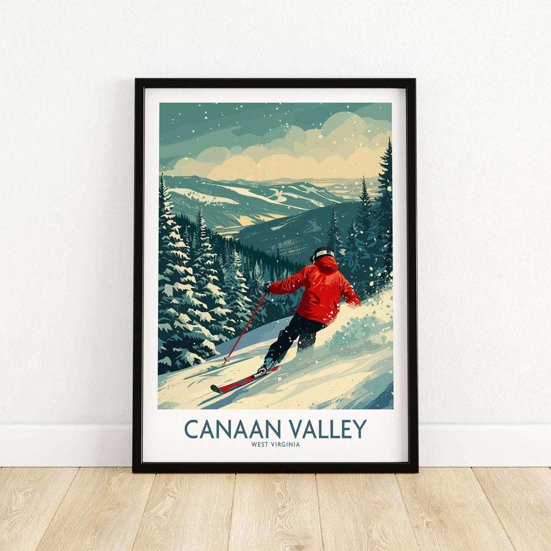 Canaan Valley ski print showcasing a skier in a winter landscape of West Virginia, perfect for nature and ski enthusiasts.