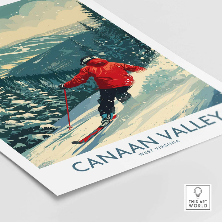 Canaan Valley ski print featuring a skier in a red jacket, capturing the winter beauty of West Virginia.