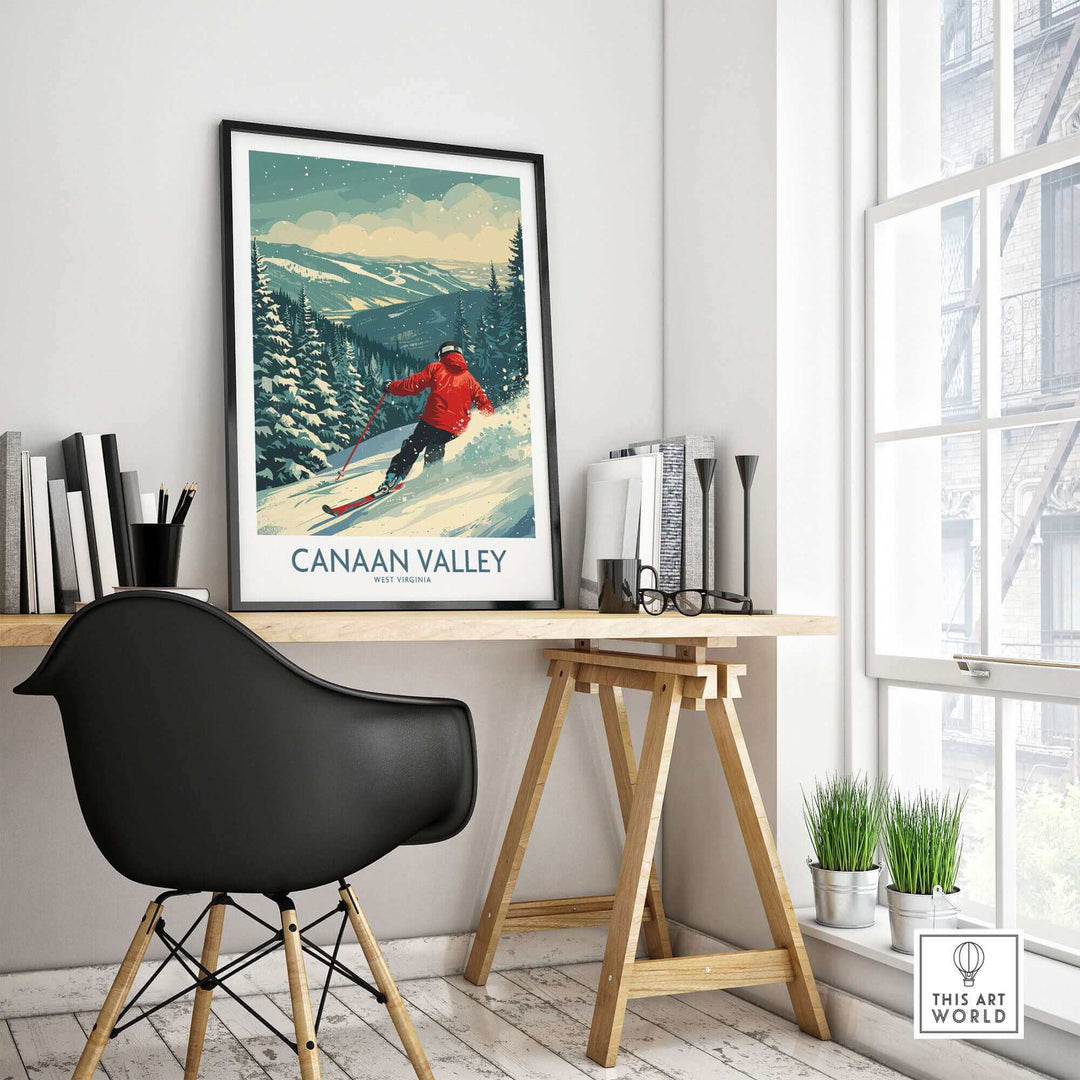 Canaan Valley ski print featuring a skier in red, capturing West Virginia's winter scenery in a stylish home setting.