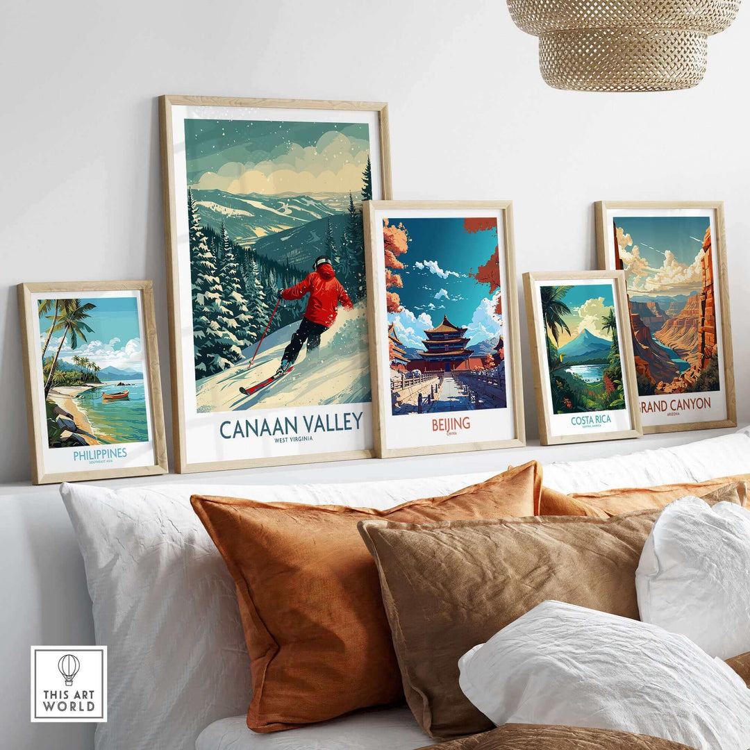 Colorful ski prints including Canaan Valley showcased on a stylish wall, perfect for adventure enthusiasts and home decor.