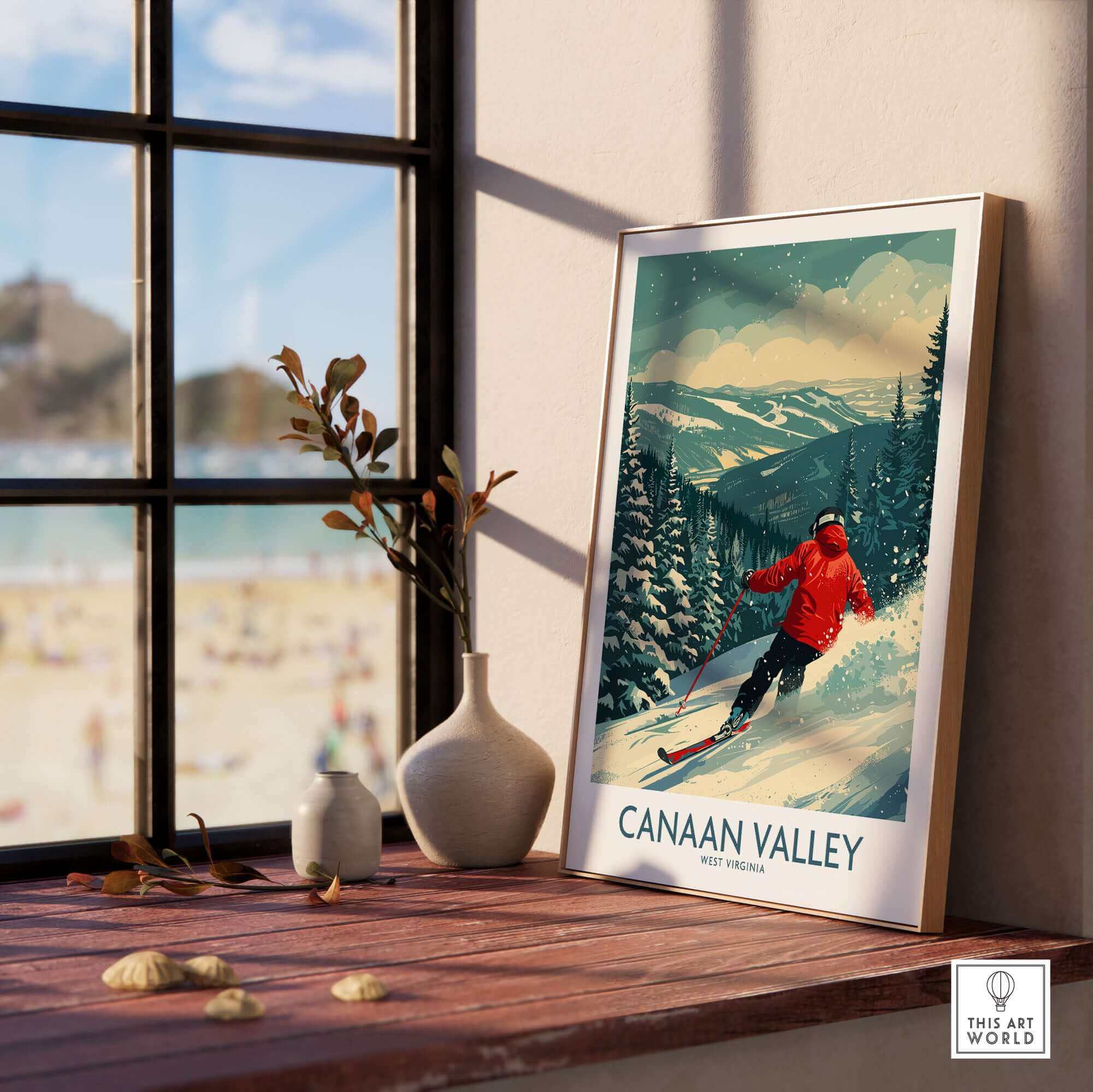 Canaan Valley ski print featuring a skier in red against a snowy West Virginia landscape, perfect for home decor.