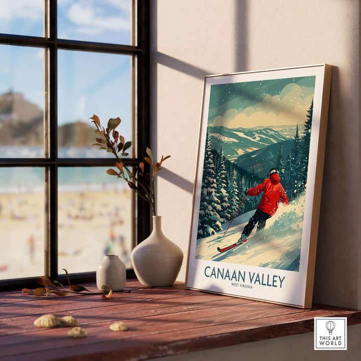 Canaan Valley ski print featuring a skier in red against a snowy West Virginia landscape, perfect for home decor.