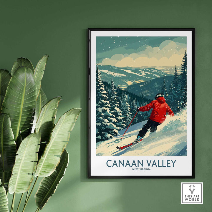 Canaan Valley ski print showcasing a skier in a winter landscape, perfect for ski lovers and home decor in West Virginia.