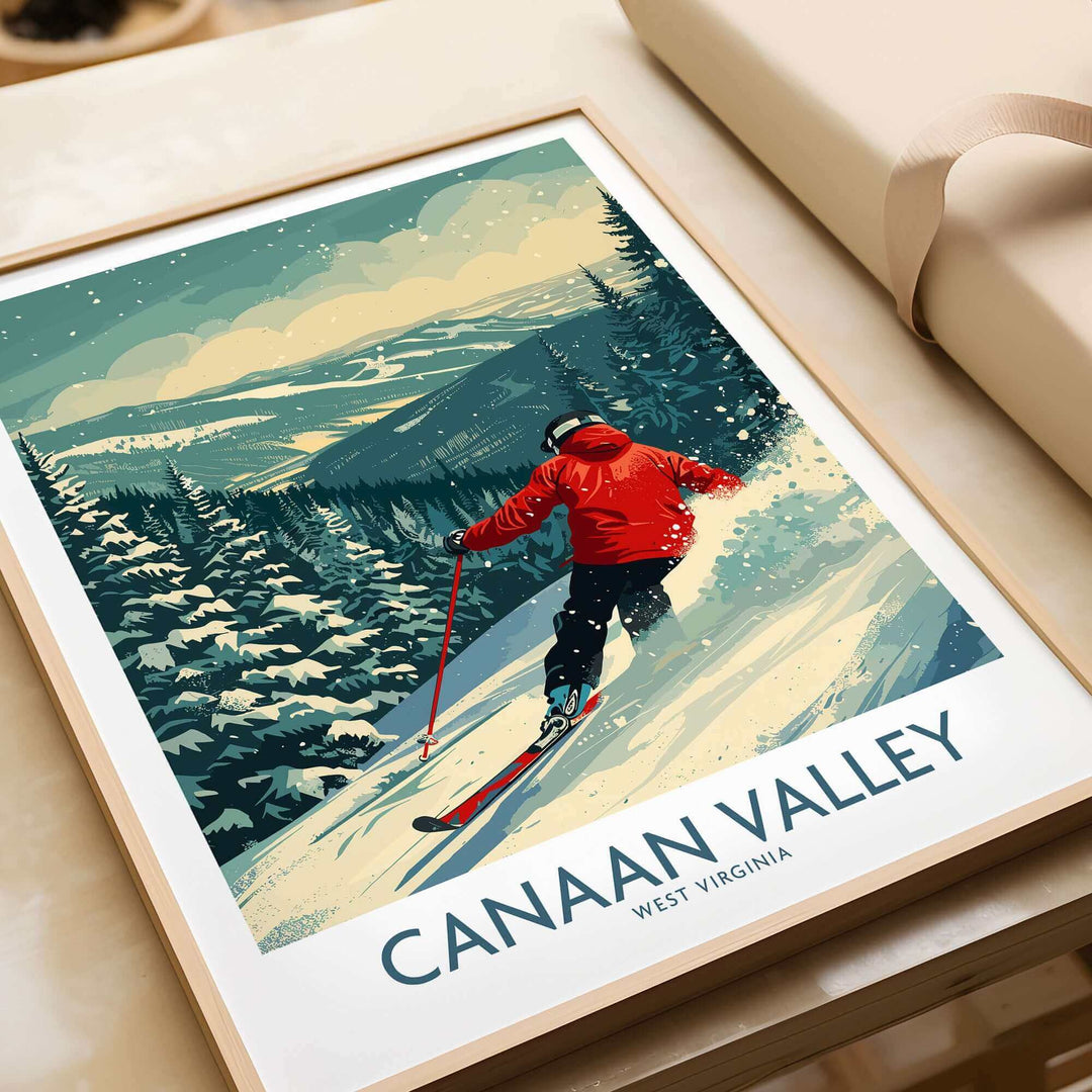 Canaan Valley ski print featuring a skier in red against a winter landscape in West Virginia, ideal for nature lovers' wall art.