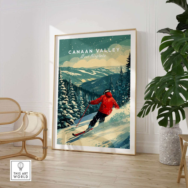 Canaan Valley travel poster featuring a skier on snowy slopes, capturing the beauty of West Virginia's outdoor adventures.