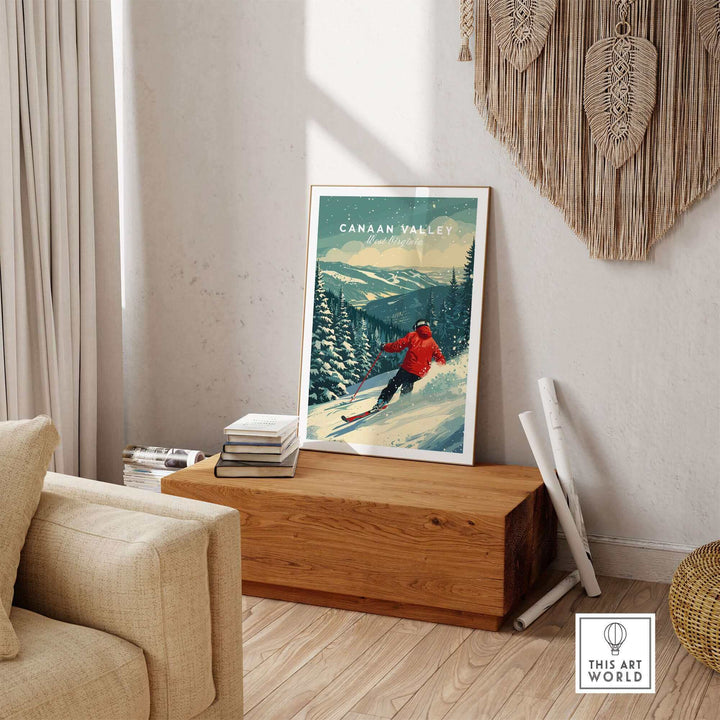 Canaan Valley travel poster showcasing a skier on snowy slopes, perfect for outdoor enthusiasts in a stylish living space.