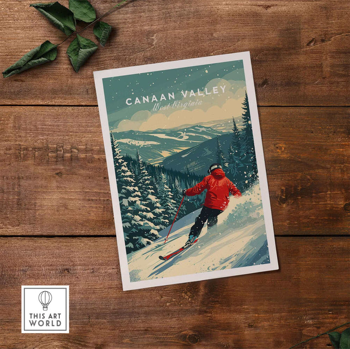 Canaan Valley travel poster showcasing a skier on snowy slopes in West Virginia, capturing the beauty of outdoor adventure.