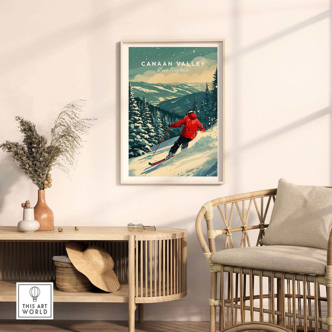 Canaan Valley travel poster showcasing a skier on snowy slopes, perfect for outdoor enthusiasts and adventure lovers.