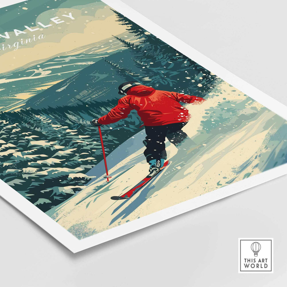 Canaan Valley travel poster showcasing a skier in a red jacket navigating snowy slopes in West Virginia.