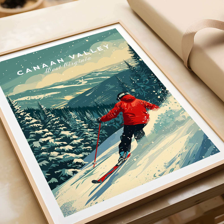 Canaan Valley travel poster showcasing a skier in red on snowy slopes in West Virginia, surrounded by evergreen trees.