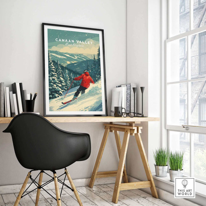 Canaan Valley travel poster showcasing a skier in snowy mountains, perfect for outdoor adventure enthusiasts.