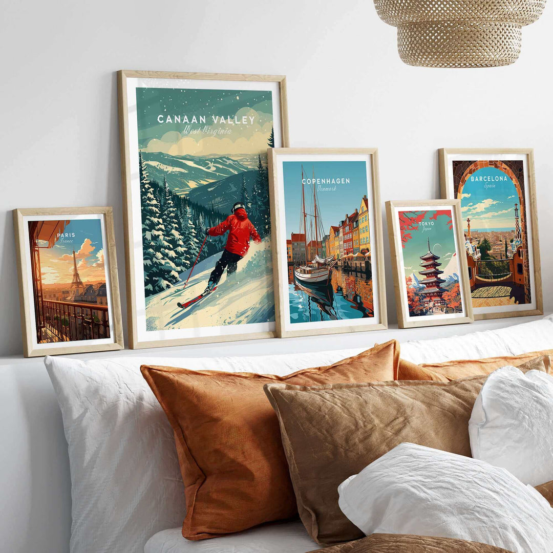 Canaan Valley travel poster showcasing a skier on snowy slopes, surrounded by framed travel art prints.