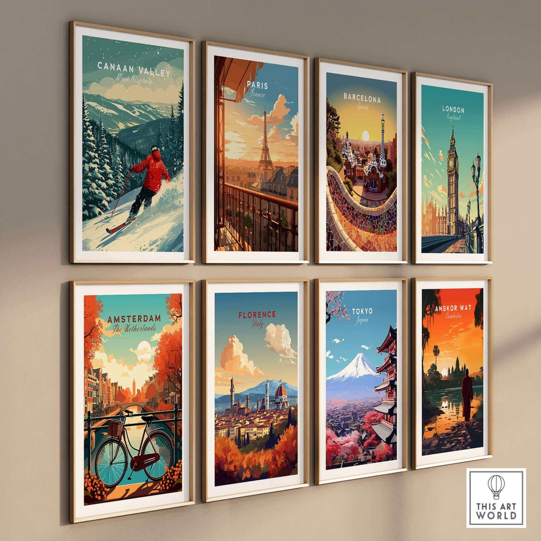 Colorful travel posters featuring Canaan Valley, Paris, Barcelona, London, Amsterdam, Florence, Tokyo, and Angkor Wat.