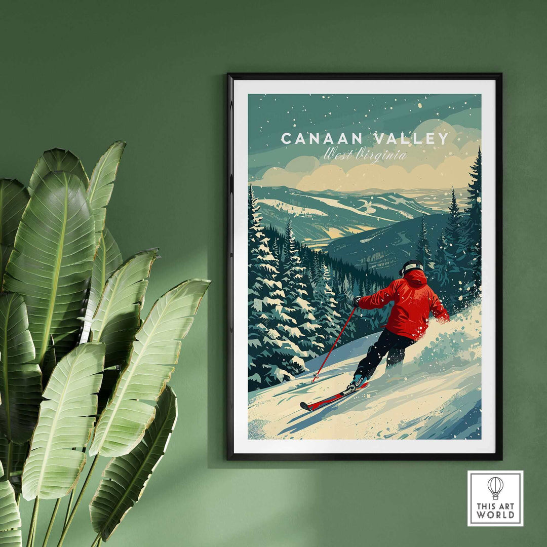 Canaan Valley travel poster featuring a skier on snowy slopes surrounded by pine trees in West Virginia.