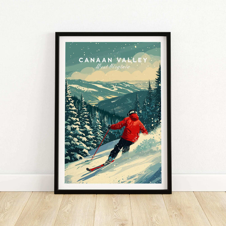 Canaan Valley travel poster showcasing a skier on snowy slopes in West Virginia, highlighting outdoor adventure and winter sports.