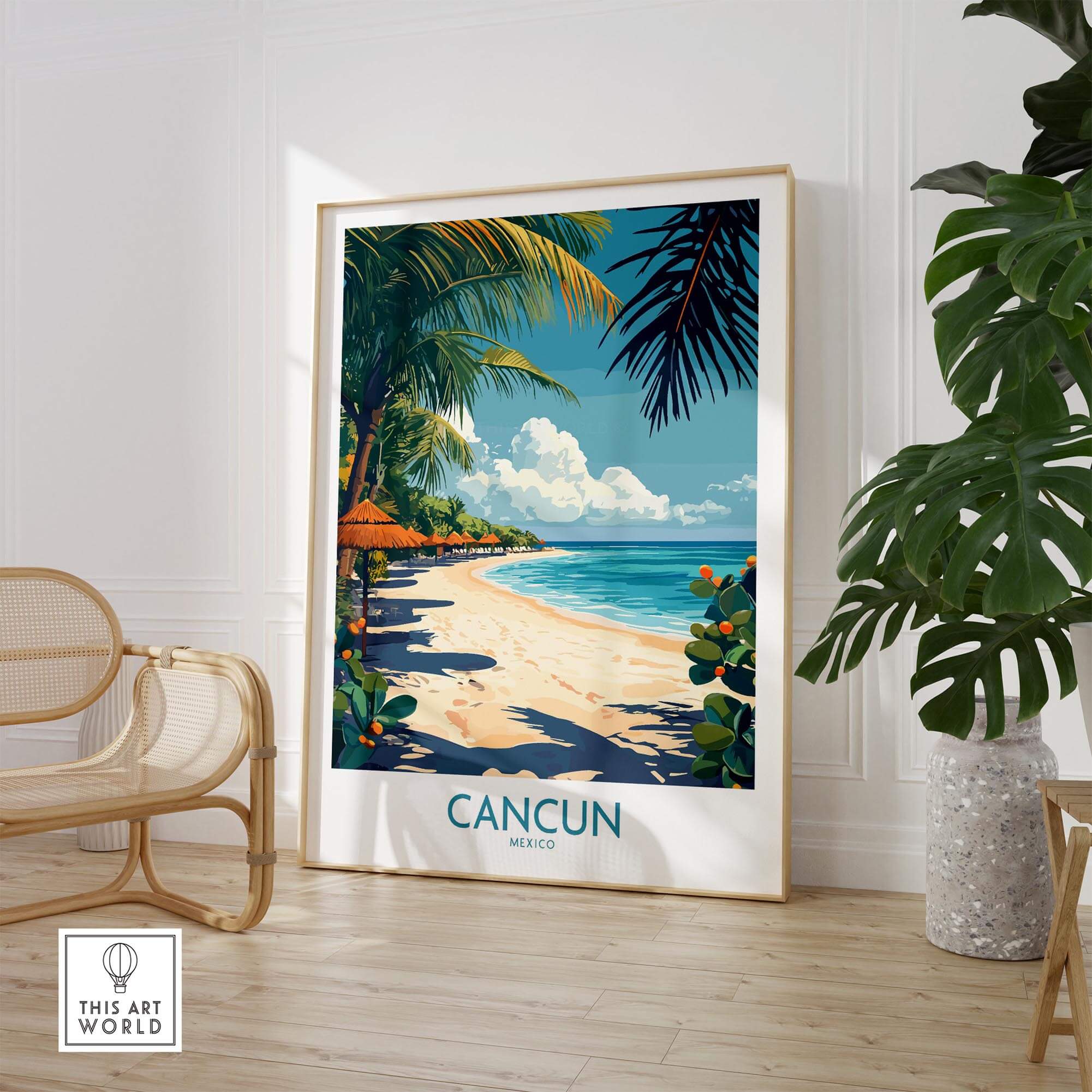 Colorful Cancun Poster depicting a beach scene, perfect for adding tropical vibes to your home decor.