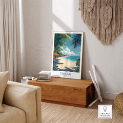 Cancun Poster displayed in a stylish living room, showcasing vibrant beach scenery and tropical vibes.