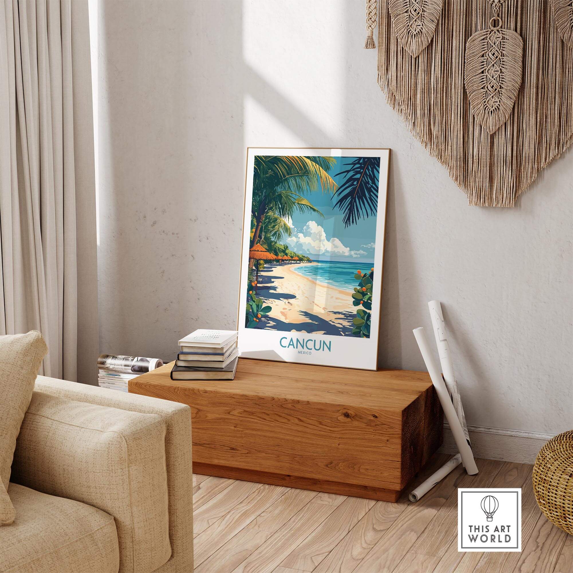 Cancun Poster displayed in a stylish living room, showcasing vibrant beach scenery and tropical vibes.