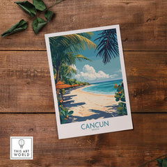 Cancun Poster featuring a tropical beach scene with palm trees and vibrant colors, perfect Mexico travel wall art.