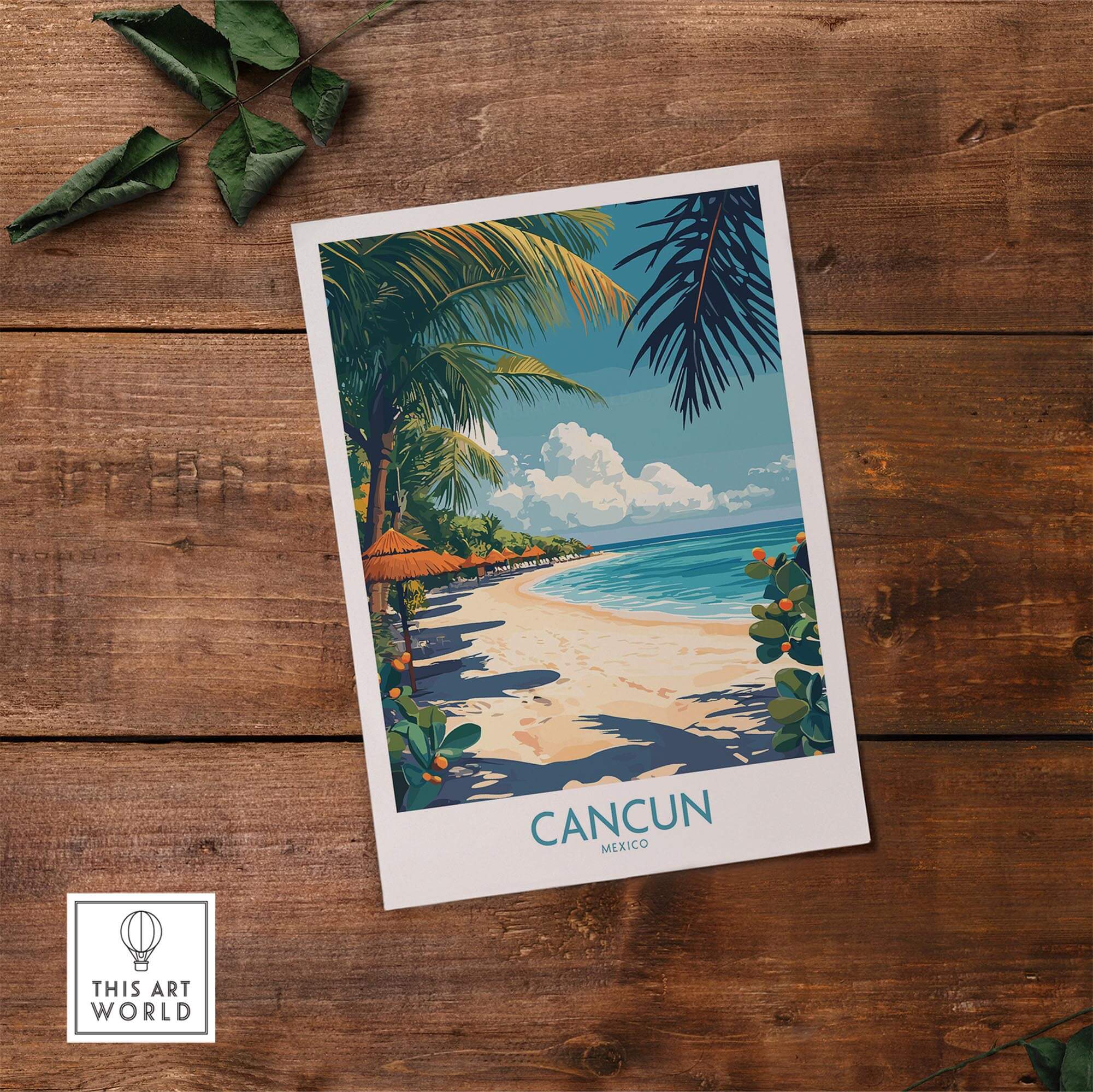 Cancun Poster featuring a tropical beach scene with palm trees and vibrant colors, perfect Mexico travel wall art.
