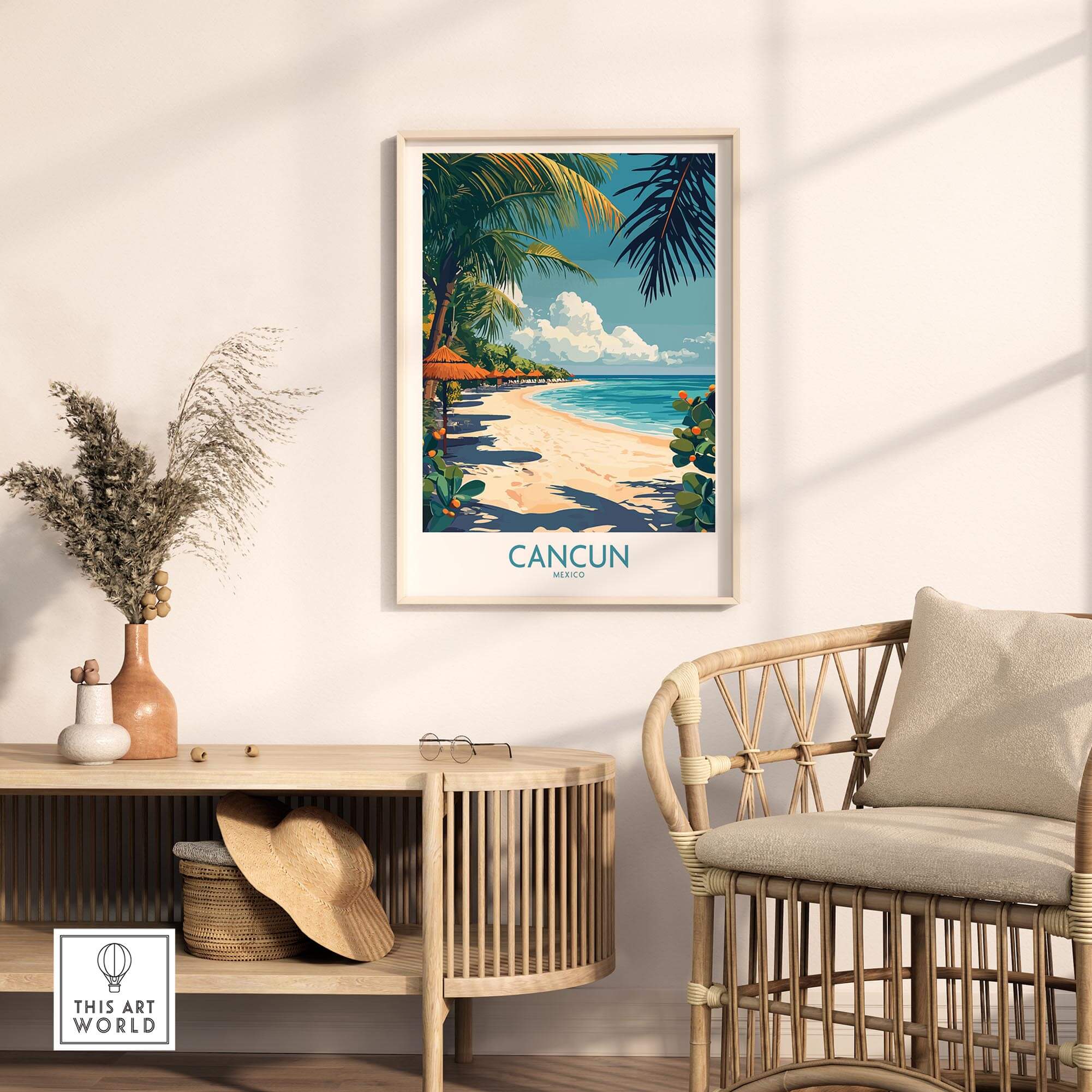 Cancun Poster showcasing a vibrant beach scene, perfect for adding a tropical vibe to any room.