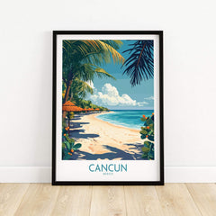 Cancun Poster showcasing a vibrant beach scene with palm trees and clear blue skies in Mexico.