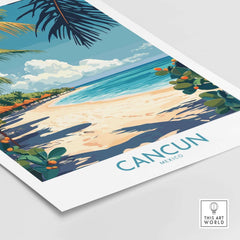 Cancun Poster featuring a tropical beach scene with vibrant colors and palm trees, perfect for Mexico travel wall art.