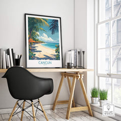 Cancun Poster featuring a tropical beach scene on a wall above a minimalist desk, perfect for Mexico Travel Wall Art.