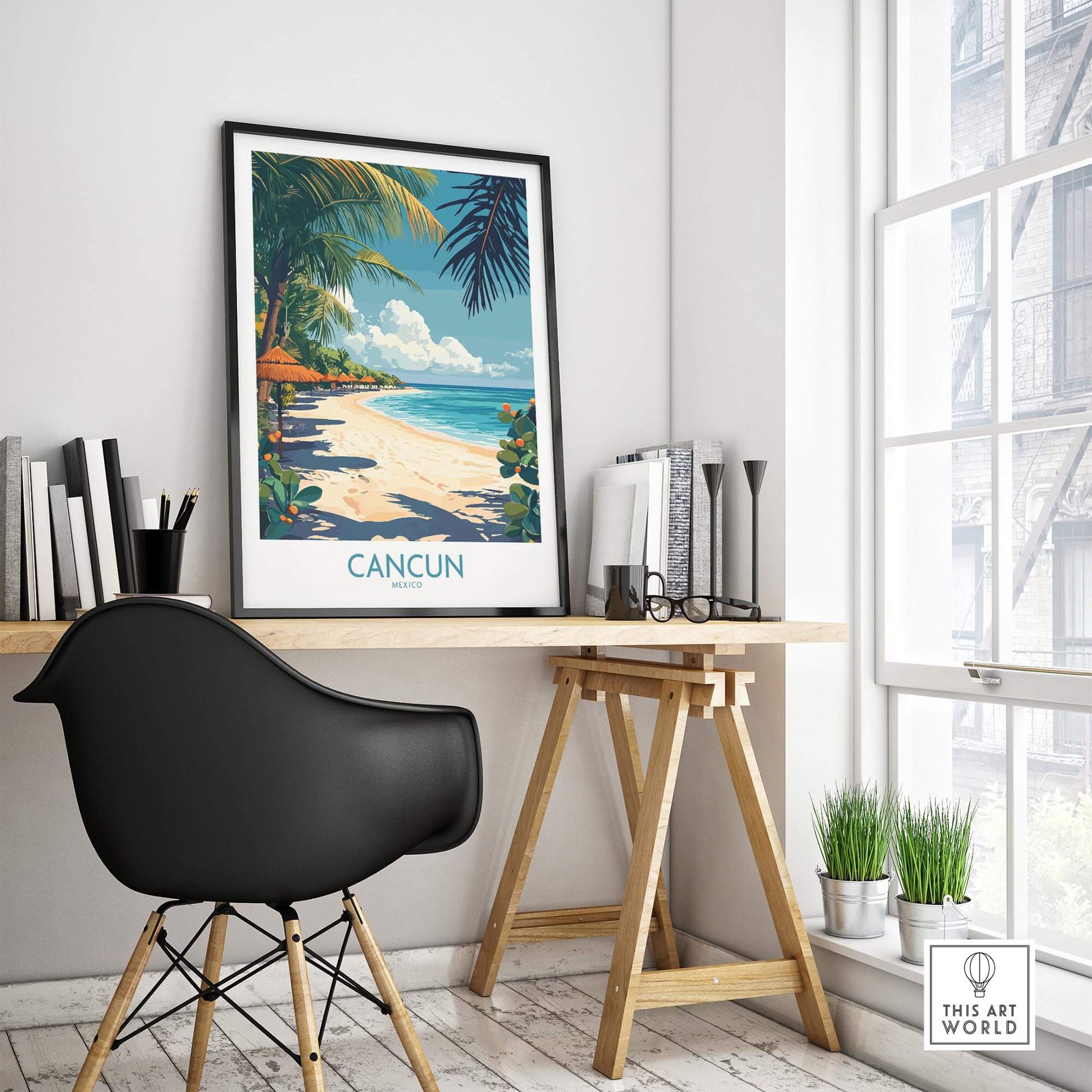 Cancun Poster featuring a tropical beach scene on a wall above a minimalist desk, perfect for Mexico Travel Wall Art.