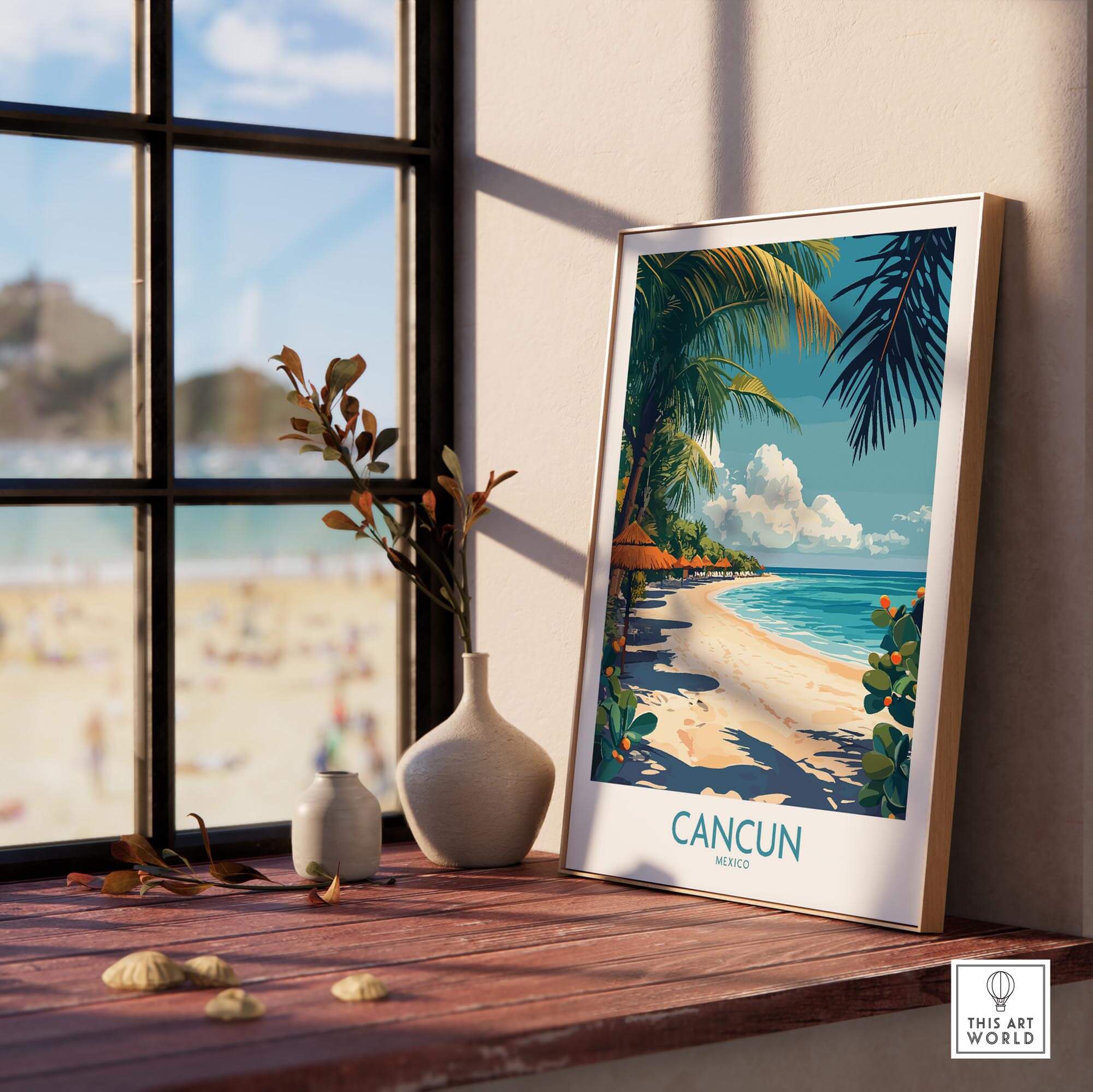 Cancun Poster featuring a tropical beach scene, perfect for Mexico Travel Wall Art and bringing paradise into your home.