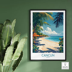 Cancun Poster featuring a tropical beach scene with palm trees and vibrant colors.