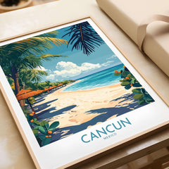 Cancun Poster featuring a vibrant beach scene with palm trees and clear blue water in a decorative frame.