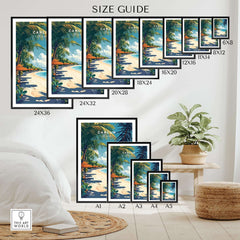 Size guide for Cancun Print showing various frame sizes and options for home decor.