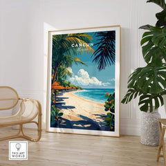 Cancun Print travel poster showcasing a beautiful beach scene in Cancun with palm trees and vibrant colors.