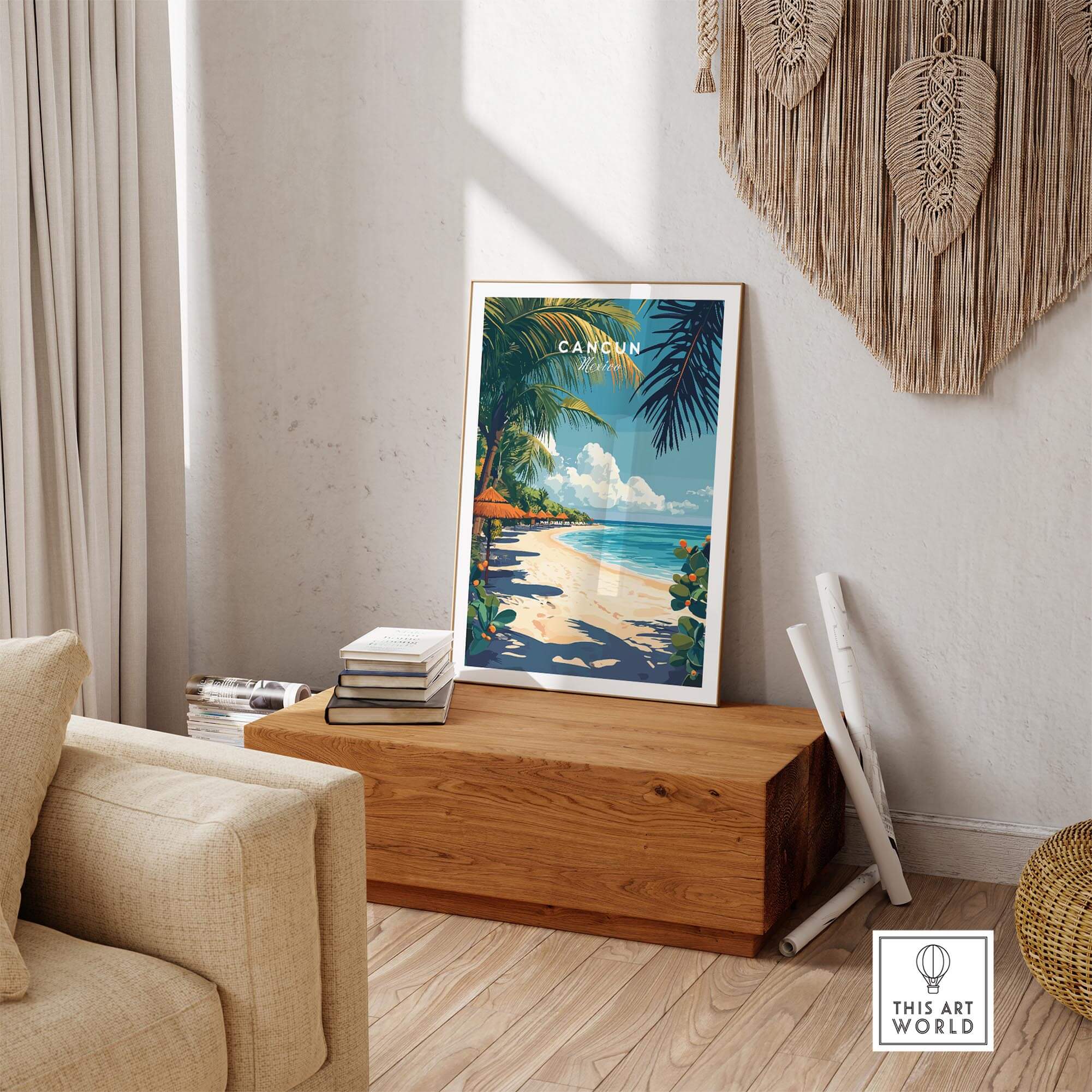 Living room featuring a Cancun Print travel poster on wooden table, showcasing vibrant beach scene.