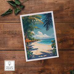 Cancun Print showcasing a beautiful beach scene with palm trees, vibrant colors, and tropical vibe, perfect for decor.