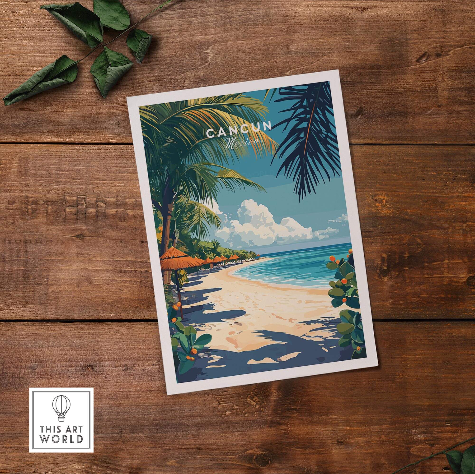 Cancun Print showcasing a beautiful beach scene with palm trees, vibrant colors, and tropical vibe, perfect for decor.