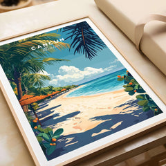 Cancun Print travel poster featuring a beach scene with palm trees and vibrant blue waters.