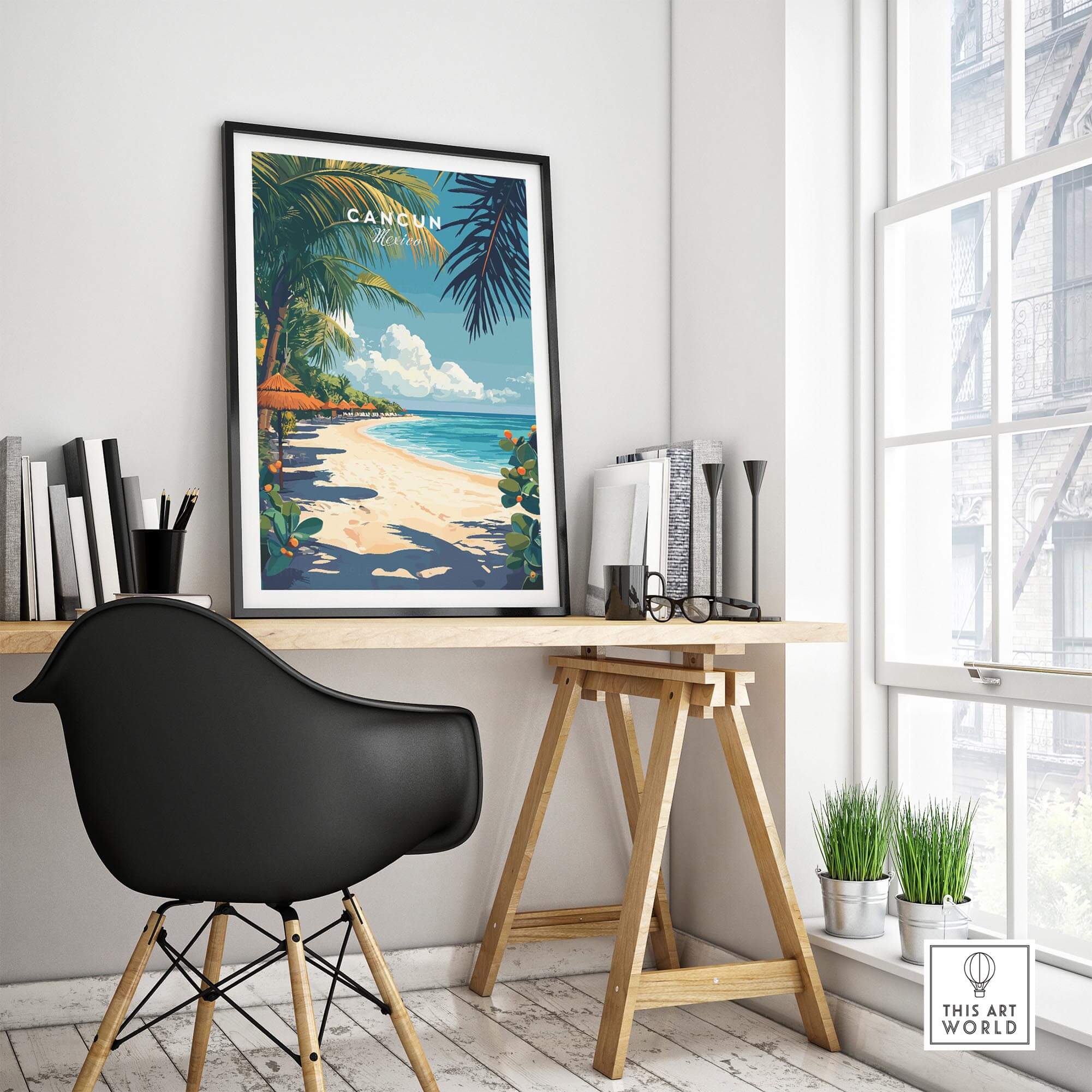 Cancun Print vibrant travel poster showcasing a beautiful beach scene with palm trees and turquoise waters.
