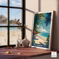 Cancun Print framed poster on a table with beach view, showcasing vibrant colors and tropical scenery.