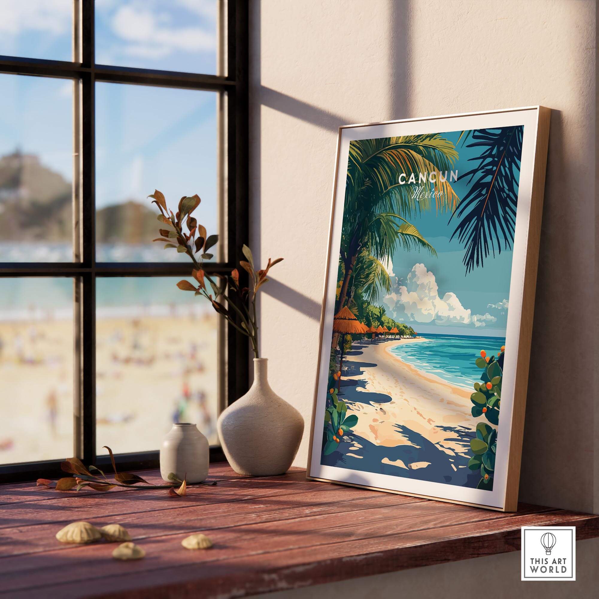 Cancun Print framed poster on a table with beach view, showcasing vibrant colors and tropical scenery.