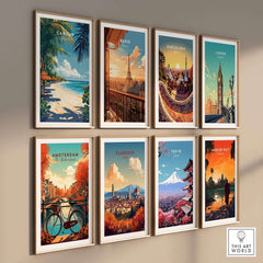 Collection of vibrant travel posters including Cancun Print, showcasing popular destinations like Paris and Tokyo.