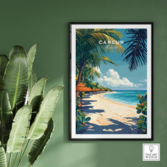 Cancun Print showcasing a sunny beach scene with palm trees and vibrant colors, perfect for travel lovers.