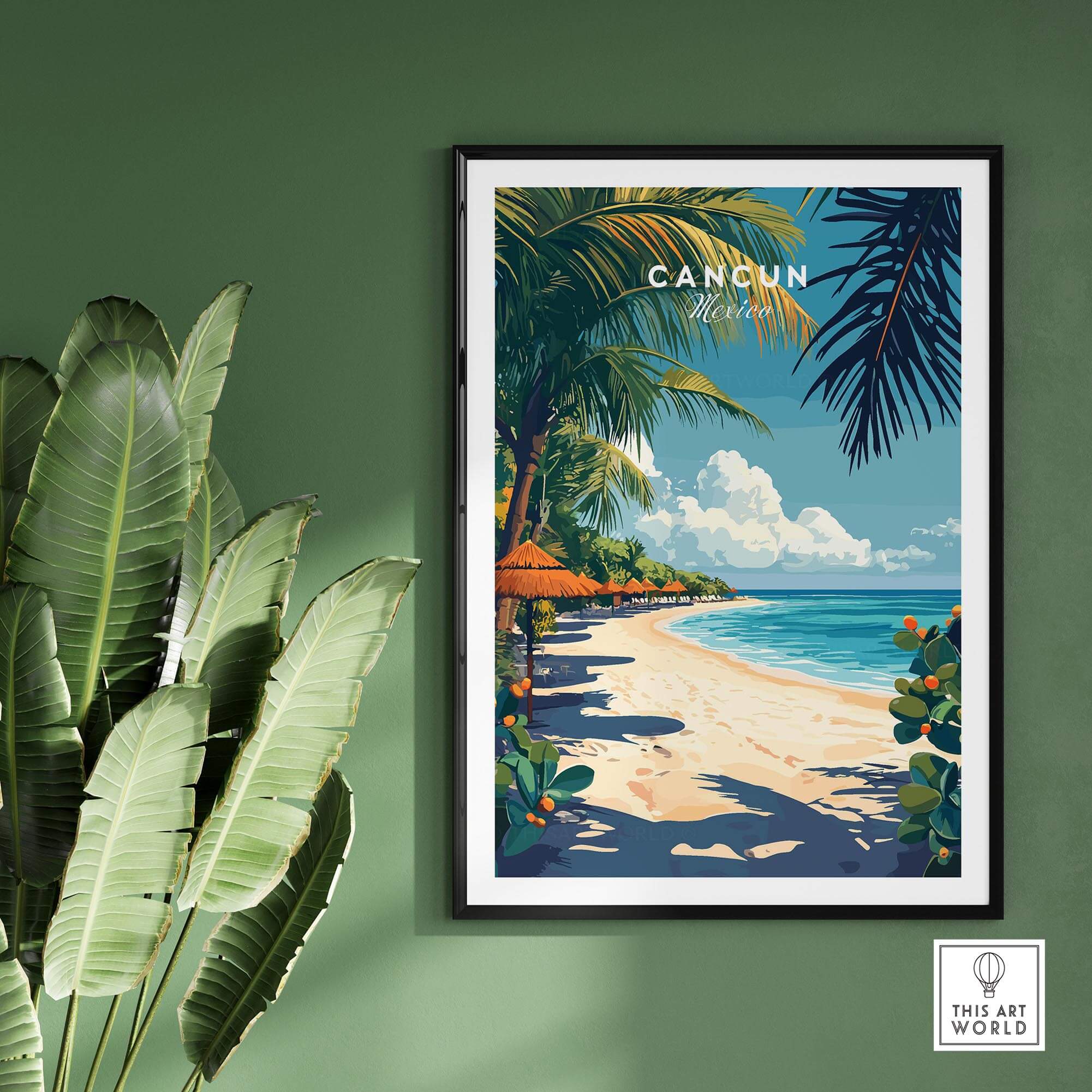 Cancun Print showcasing a sunny beach scene with palm trees and vibrant colors, perfect for travel lovers.
